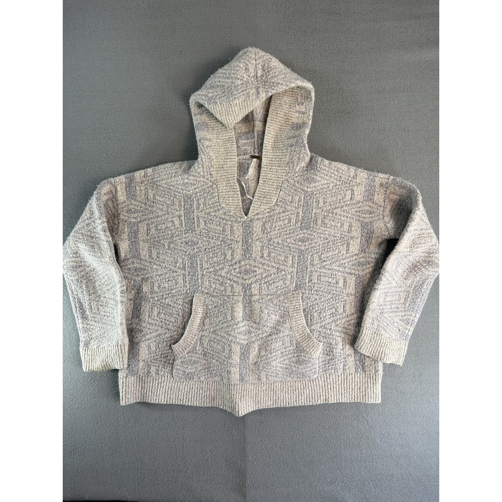 Free People Sweater Womens S Gray Hooded V Neck Geometric Oversized Pullover